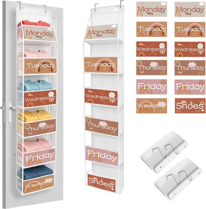 2 Pack Weekly Clothes Organizer for Kids, 6 Shelf Hanging Closet Organizer with Clear Window, Foldable Days of the Week Over the Door Outfit Organizer with Labels for Closet School