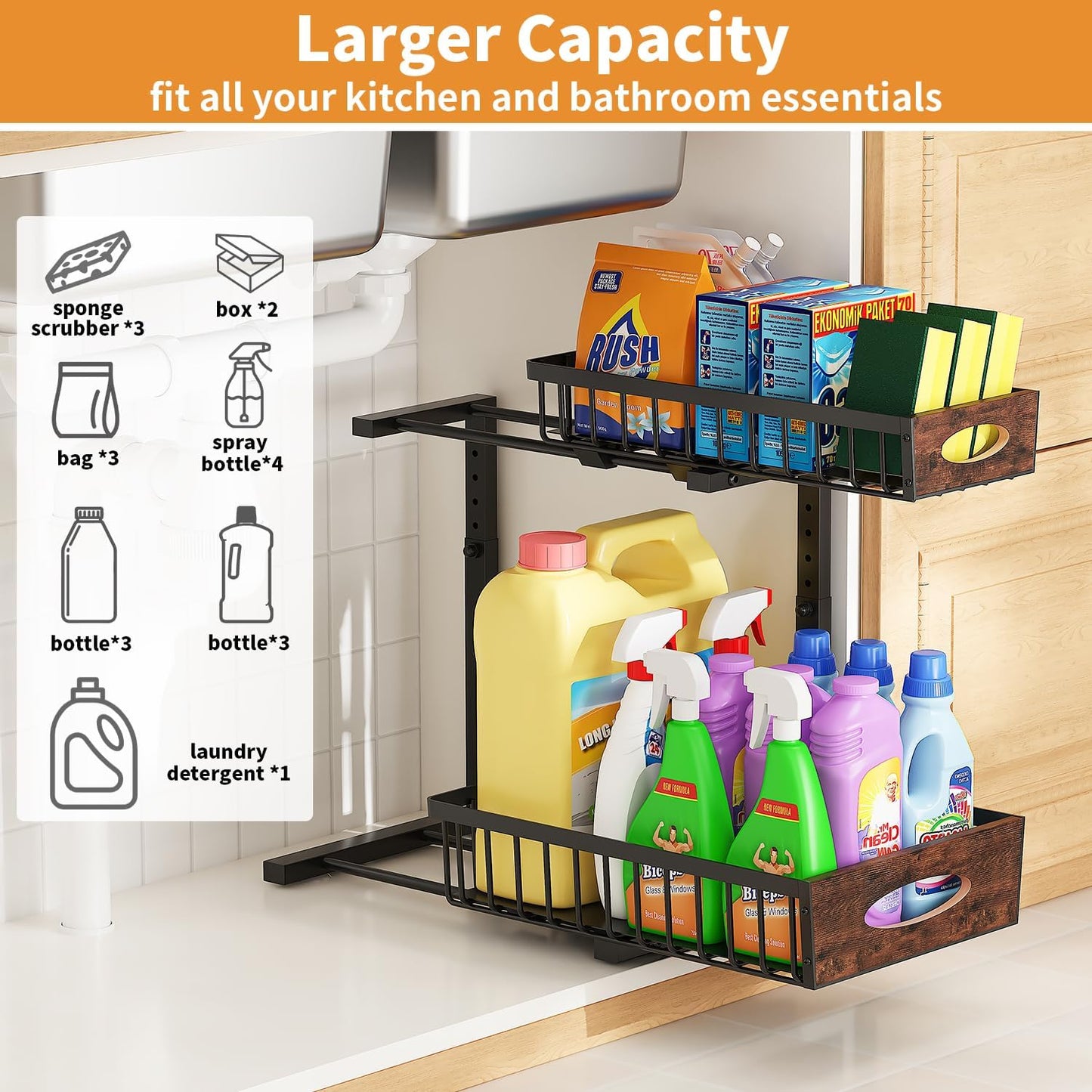 2-Tier Under Sink Organizer with Wooden Drawer Handle, 2 Pack Adjustable Height Pull Out Cabinet Organizer Shelf,Slide out Storage Drawer Rack for Kitchen Bathroom Laundry Room Pantry (Black)