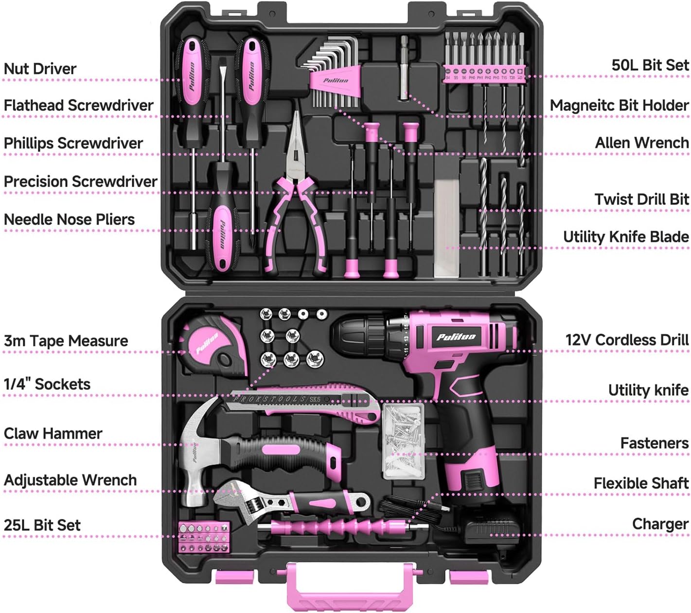 PULITUO Drill Set, 149-Piece Home Tool Set with 12V Pink Cordless Drill, Tool Box, Hand Tool Kits for Women & Men and DIY Enthusiasts, for Home Improvement