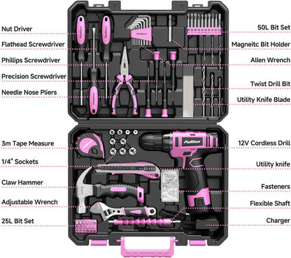 PULITUO Drill Set, 149-Piece Home Tool Set with 12V Pink Cordless Drill, Tool Box, Hand Tool Kits for Women & Men and DIY Enthusiasts, for Home Improvement