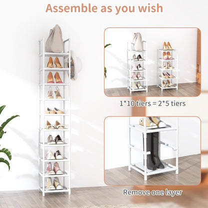 LANTEFUL Tall Narrow Shoe Rack for Entryway, 10-Tier Sturdy Metal Shoe Shelf Storage 10-15 Pairs of Shoes and Boots, Space Saving Corner Shoe Rack Organizer for Closet,Doorway,Garage,Living Room