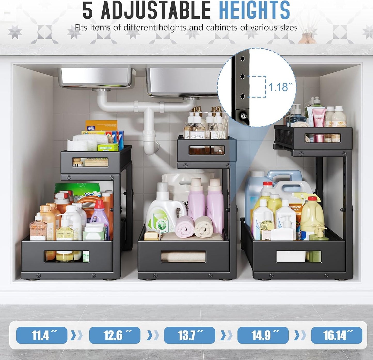 2-Pack Under Sink Storage Organizer, Large 2-Tier Elegant Mesh Pull Out Shelf for Kitchen and Bathroom Cabinet Organization, L-Shaped and Adjustable Height Design,Patent Pending-Black