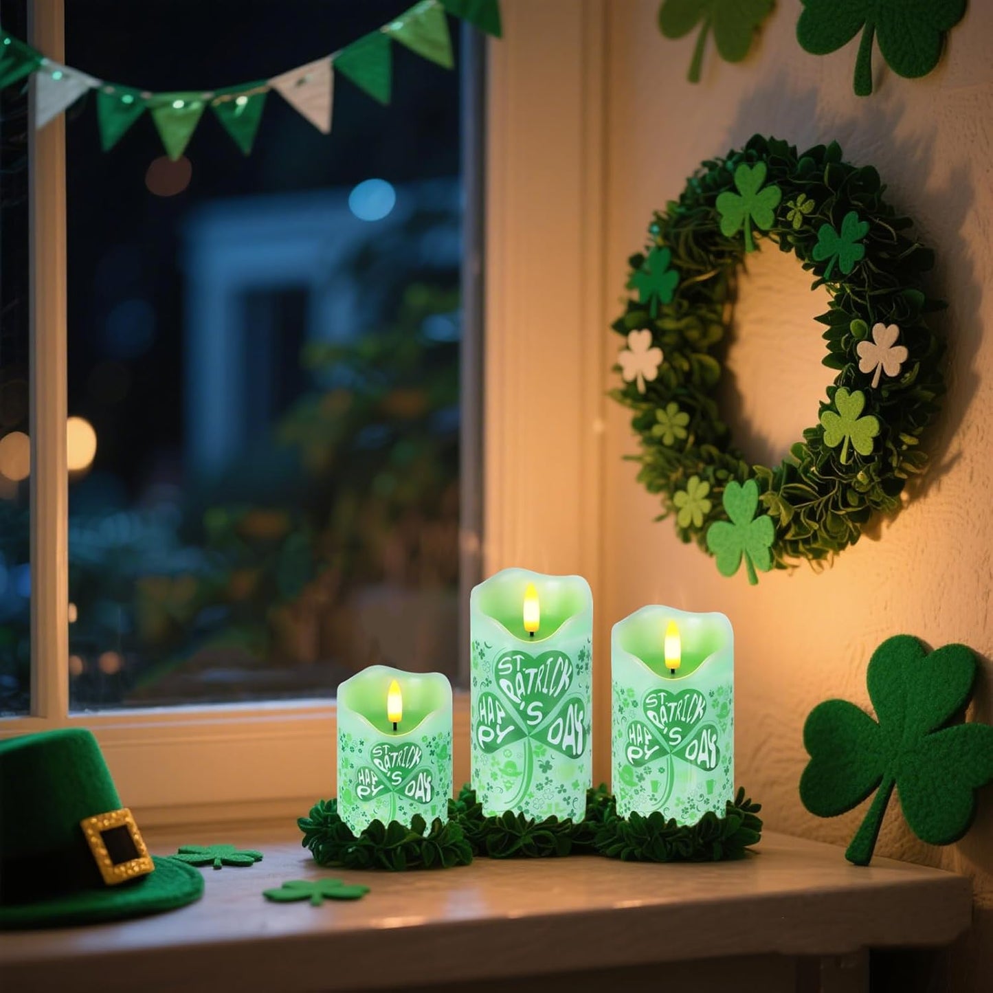 Flameless Candles Lights, Set of 3 Flickering LED Candles with Remote & Timer, Dimmable Electric Pillar Candles Battery Operated, Green Candles for Home St. Patrick’s Day Christmas Decor (Green)