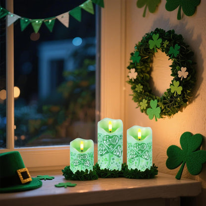 Flameless Candles Lights, Set of 3 Flickering LED Candles with Remote & Timer, Dimmable Electric Pillar Candles Battery Operated, Green Candles for Home St. Patrick’s Day Christmas Decor (Green)