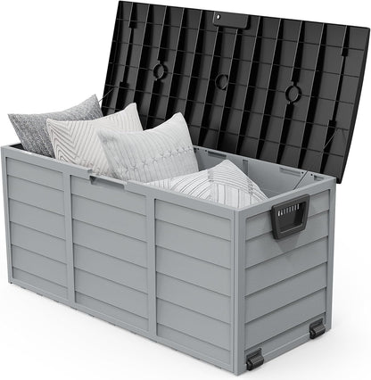 VINGLI 75 Gallon Outdoor Storage Box, Lockable Plastic Storage Containers with Lid, Patio Deck Box Furniture for Garden, Pool, Balcony, Yard (Coffee)