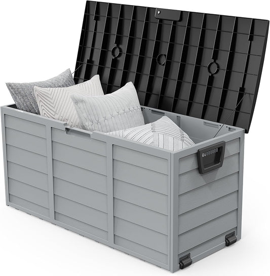 VINGLI 75 Gallon Outdoor Storage Box, Lockable Plastic Storage Containers with Lid, Patio Deck Box Furniture for Garden, Pool, Balcony, Yard (Coffee)