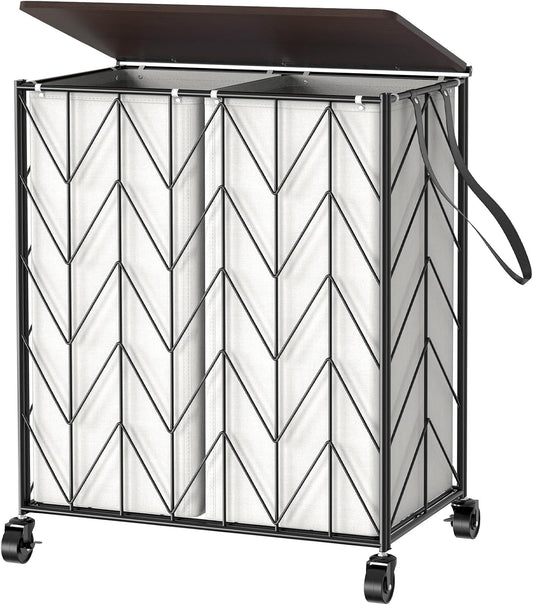 WOWLIVE Laundry Basket with Wheels, 142L Laundry Hamper 3 Section with Lid, Dirty Clothes Hamper with Removable Bags, Large Capacity Iron-Made Laundry Basket Organizer Laundry Sorter for Dorm, White