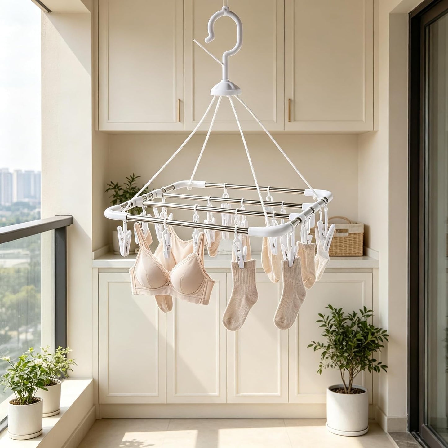 16 Clips Clothes Drying Rack, Stainless Steel Inner Rods Laundry Hanger with Windproof Hook & 360° Rotation, Space Saving Sock Dryer for Underwear, Baby Clothes, Towels, Small Laundry
