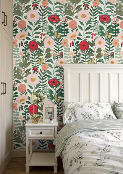 HAOKHOME Floral Peel and Stick Wallpaper Boho Vintage Wall Paper Removable for Bathroom Nursery Beige/Pink/Red Contact Paper 17.3in x 9.8ft