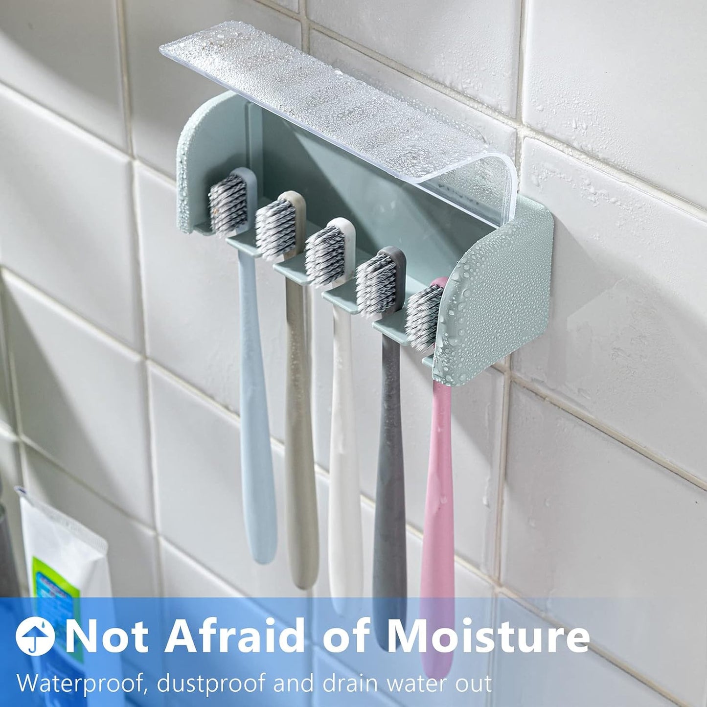 5 Slots Toothbrush Holder Wall Mount with Cover, Self Adhesive Toothbrushes Storage Organizer Perfect for Dorm Bathrooms and Shower, Holds 5 Toothbrushes. (White)