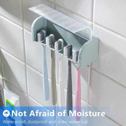 5 Slots Toothbrush Holder Wall Mount with Cover, Self Adhesive Toothbrushes Storage Organizer Perfect for Dorm Bathrooms and Shower, Holds 5 Toothbrushes. (White)