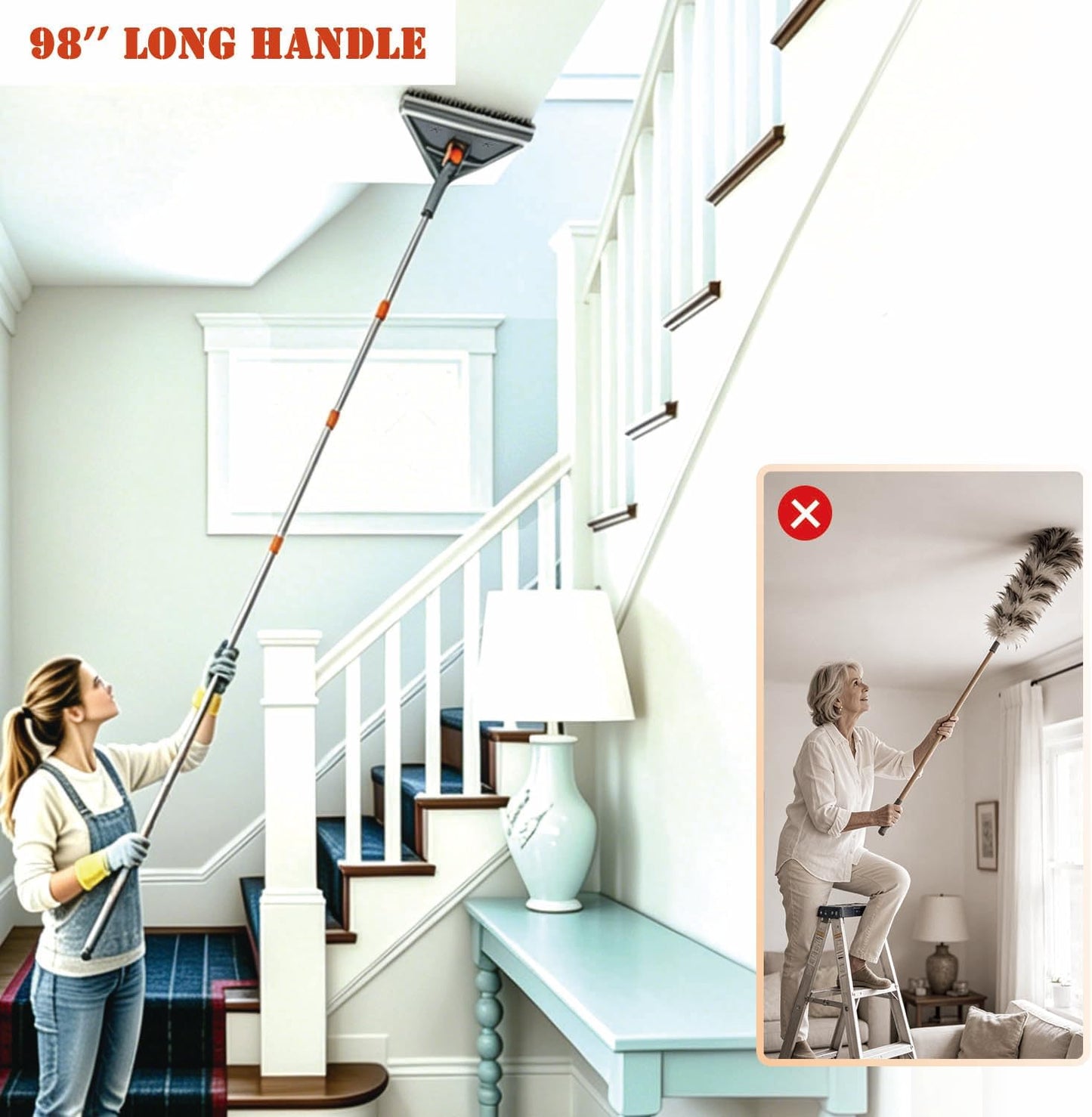 Wall Cleaner Mop with 98" Long Handle, Baseboard Cleaner Tool for Cleaning Ceilings, Windows, Corners, Vents, 2-in-1 Triangle & Rectangle Head with Squeegee, 10 Washable Pads