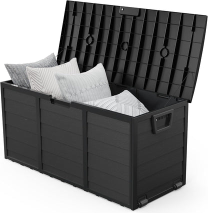 VINGLI 75 Gallon Outdoor Storage Box, Lockable Plastic Storage Containers with Lid, Patio Deck Box Furniture for Garden, Pool, Balcony, Yard (Coffee)