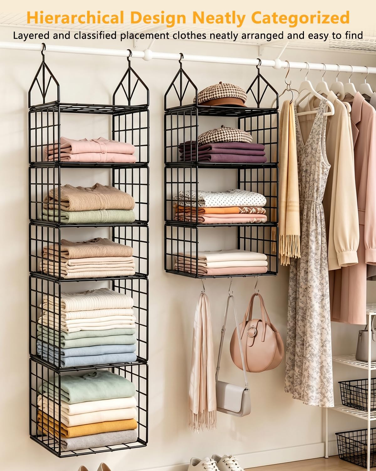 2 Pack Hanging Closet Organizer and Storage, 5 Tier & 3 Tier Metal Wire Closet Shelves with 8 S Hooks, Hanging Storage Shelf for Clothes Shoes Sweaters Handbags Laundry