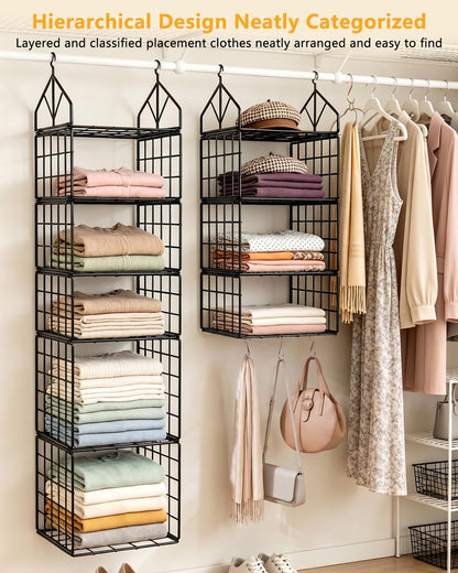 2 Pack Hanging Closet Organizer and Storage, 5 Tier & 3 Tier Metal Wire Closet Shelves with 8 S Hooks, Hanging Storage Shelf for Clothes Shoes Sweaters Handbags Laundry