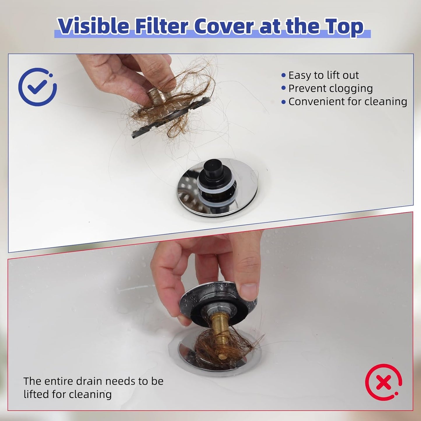 Universal Bathtub Drain Stopper Shower Drain Hair Catcher, Tub Stopper with Visible Top Strainer, Upgraded 3 in 1 Pop-up Drain Plug Fit for 1.5 to 2.4" Hole, Stainless Steel Filter Basket, Chrome