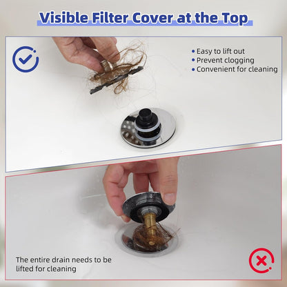 Universal Bathtub Drain Stopper Shower Drain Hair Catcher, Tub Stopper with Visible Top Strainer, Upgraded 3 in 1 Pop-up Drain Plug Fit for 1.5 to 2.4" Hole, Stainless Steel Filter Basket, Chrome
