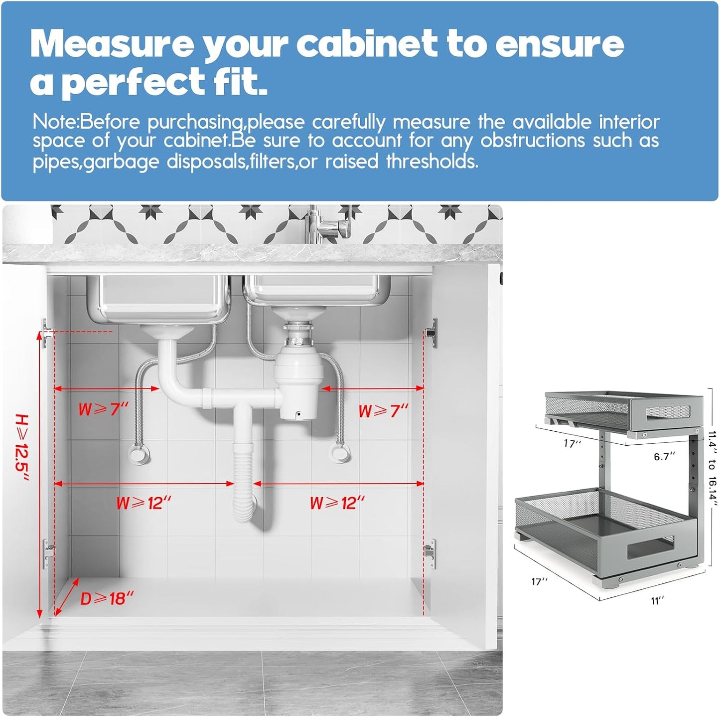 2-Pack Under Sink Storage Organizer, Large 2-Tier Elegant Mesh Pull Out Shelf for Kitchen and Bathroom Cabinet Organization, L-Shaped and Adjustable Height Design,Patent Pending-Black