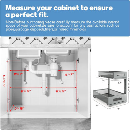 2-Pack Under Sink Storage Organizer, Large 2-Tier Elegant Mesh Pull Out Shelf for Kitchen and Bathroom Cabinet Organization, L-Shaped and Adjustable Height Design,Patent Pending-Black