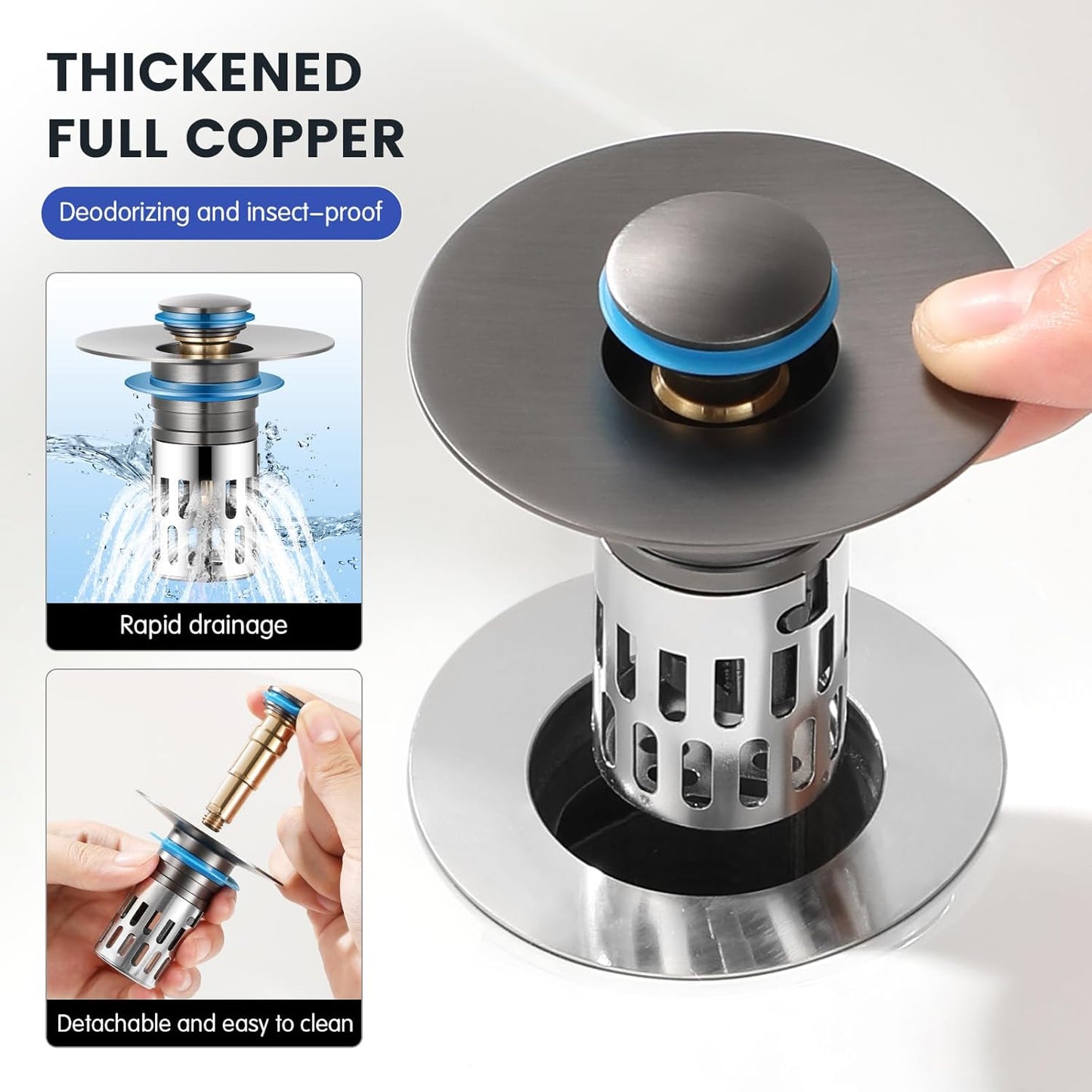 2pack All Metal - Bathroom Sink Stopper,Universal Pop Up Bathroom Sink Drain Strainer with Removable Stainless Steel Filter Basket Hair Catcher, Sink Plug for 1.05''~1.8'' Basin.