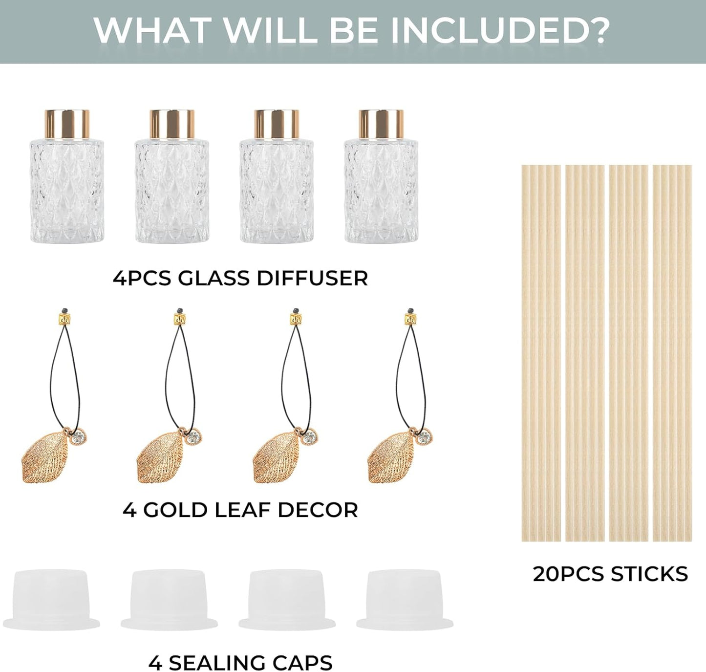 4-Piece Reed Diffuser Set with Metal Golden Decoration, 3.5-4.2oz Empty Bottles and 20 Reed Sticks, Unique Design for Home and Office (4 Different Bottles)
