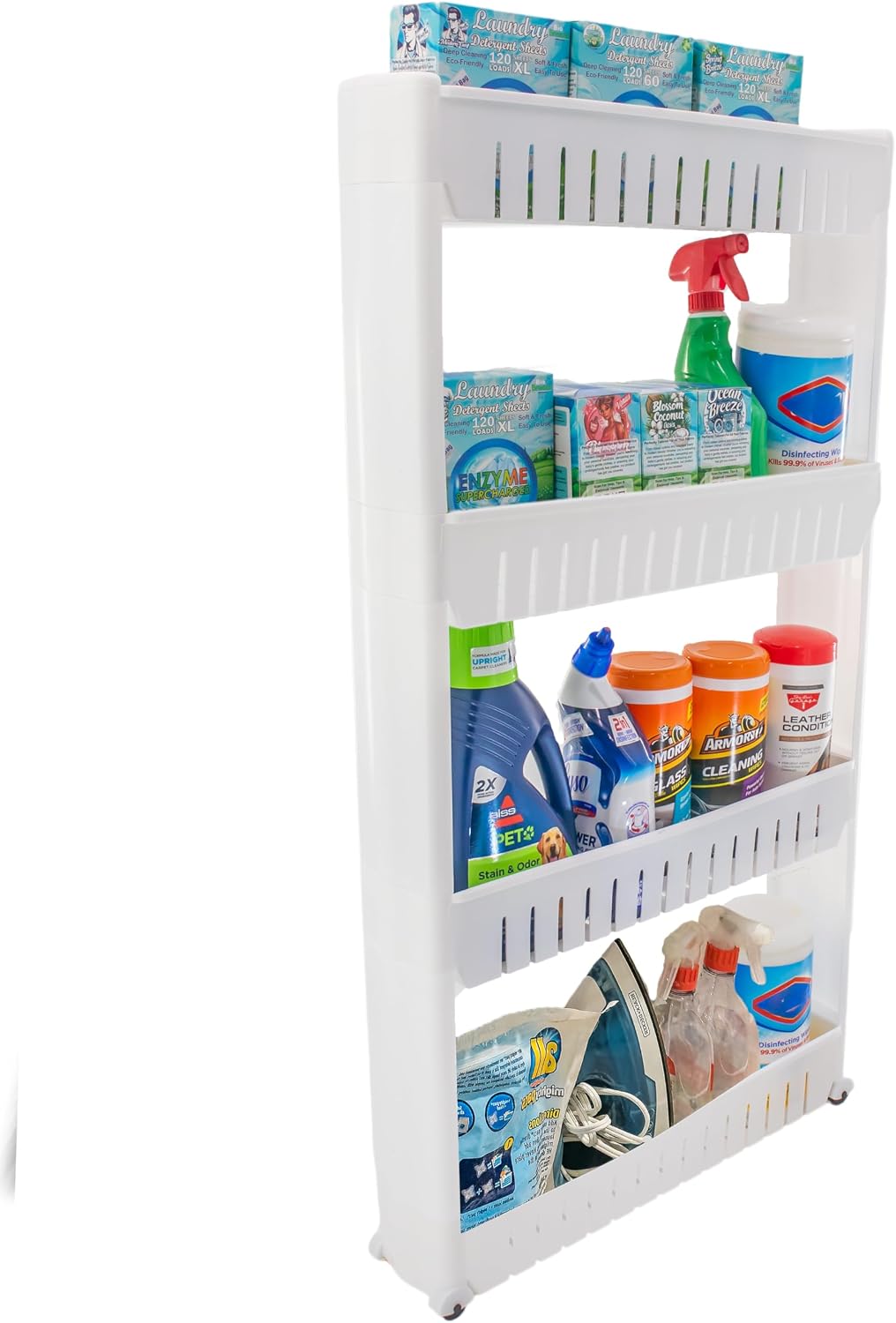 Slim Rolling Storage Cart for Bathroom and Laundry Room Organization - Narrow Space-Saving Mobile Shelving Utility Cart - Versatile Tier Design (White, 4 Tier)