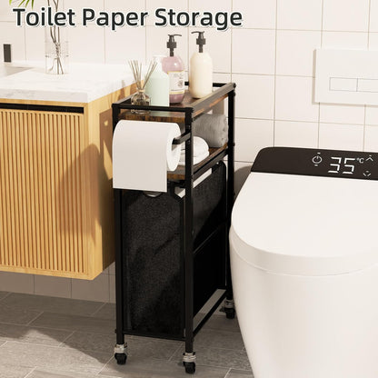 Toilet Paper Holder with Storage Bag & Wheels - Freestanding Bathroom Organizer Holds 9 Rolls for Small Spaces, Essentials Storage Beside Toilet-Brown
