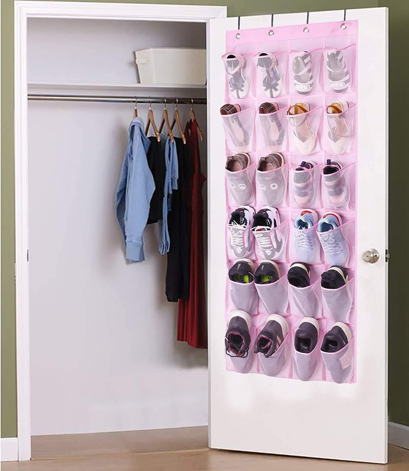 MISSLO Over The Door Shoe Organizer 24 Large Mesh Pockets, White
