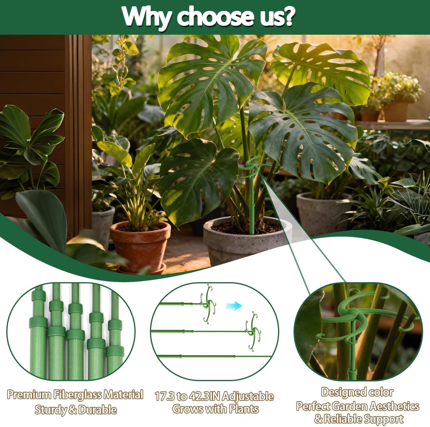 Plant Stakes,Telescoping Plant Support,3Pack 17.3 to 42.3IN Adjustable Monstera Plant Support,Garden Stakes with Clips,Sturdy Plant Sticks for Indoor Outdoor Plants,Orchid, Tomato,Vine,Monstera