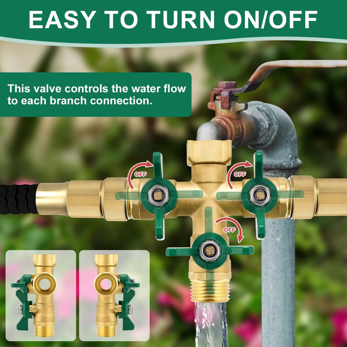 Garden Hose Splitter 2 Way, Heavy Duty Brass Hose Splitter, 3/4" GHT Hose Y Splitter with Shutoff, Full Flow Outdoor Faucet Splitter, Water Hose Y Valve Tap Adapter