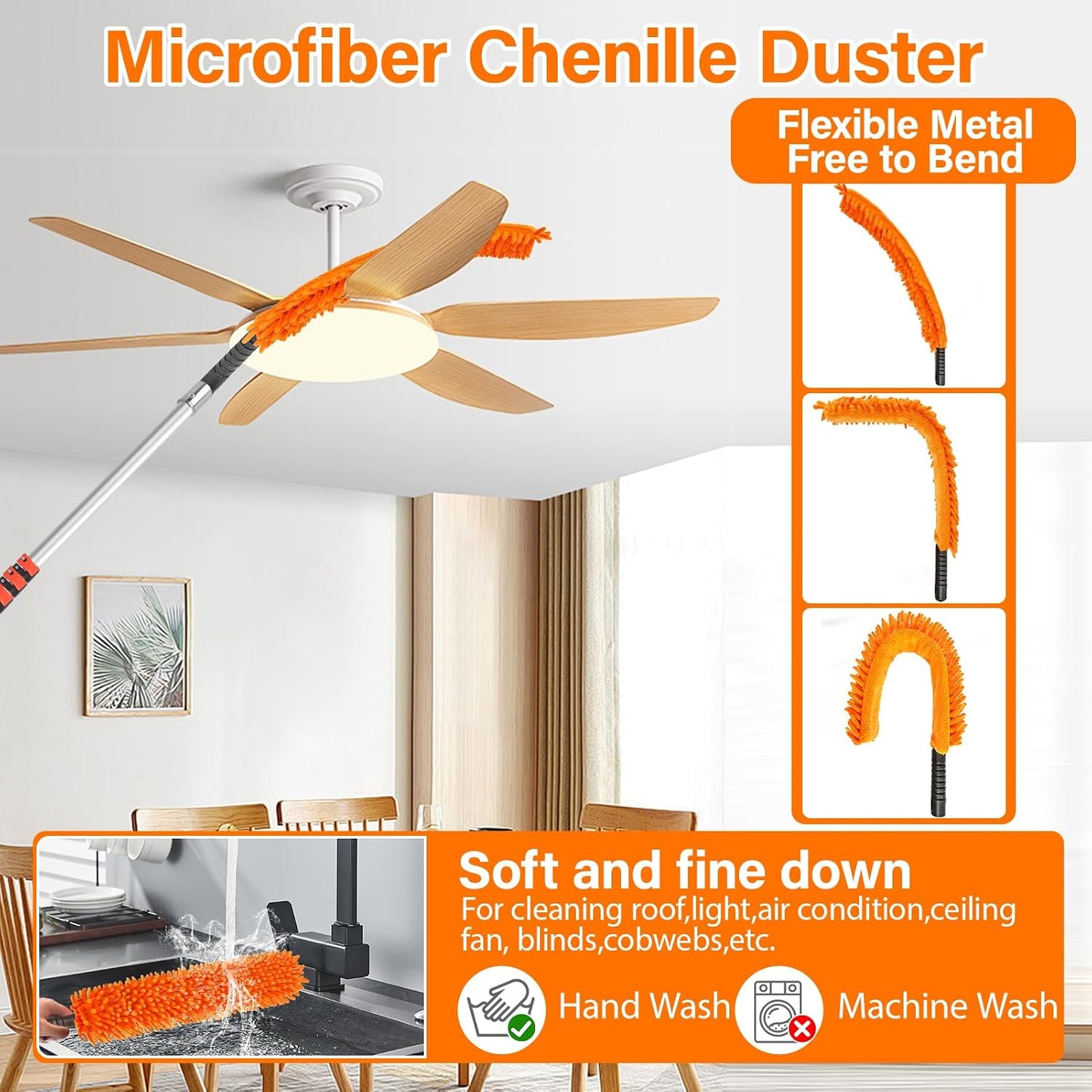 26FT High Reach Duster Cleaning Kit with 5-20 FT Extension Pole,High Ceiling Dusting and Window Cleaning Kit with Microfiber Feather Duster,Cobweb Duster,Ceiling Fan Duster,Window Squeegee Cleaner
