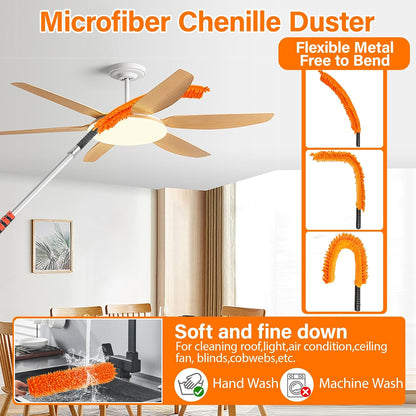 26FT High Reach Duster Cleaning Kit with 5-20 FT Extension Pole,High Ceiling Dusting and Window Cleaning Kit with Microfiber Feather Duster,Cobweb Duster,Ceiling Fan Duster,Window Squeegee Cleaner