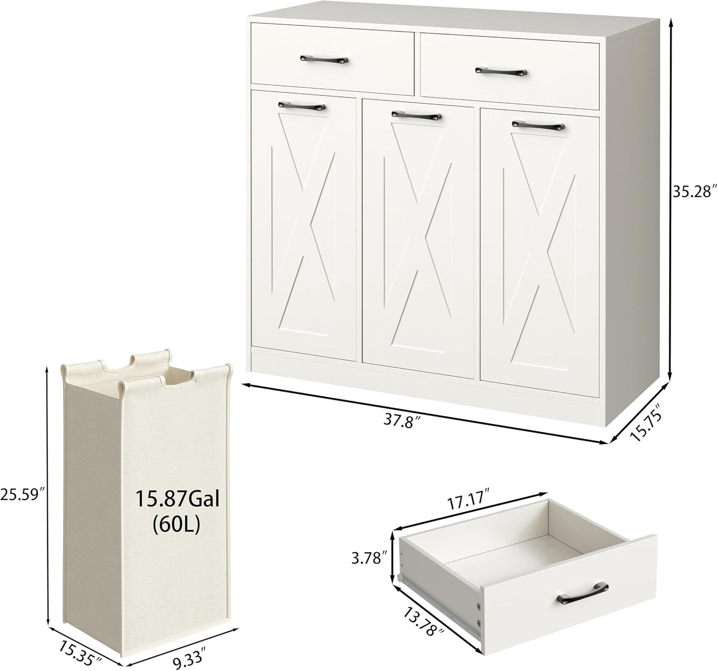 Herture Laundry Hamper Cabinet, Laundry Basket 3 Section with 2 Storage Drawers, Laundry Sorter with Pull-Out Removable Large Bags, 3 x 15.87 Gallons (60L), for Laundry Room Bathroom, White YL01XLW