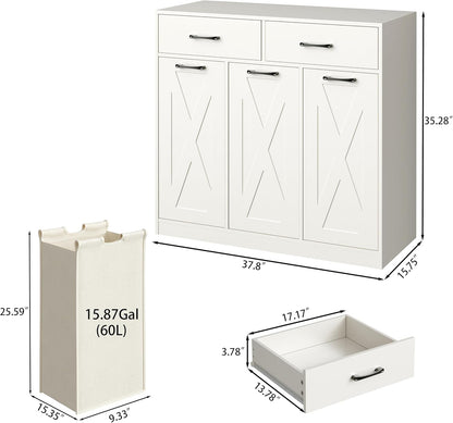 Herture Laundry Hamper Cabinet, Laundry Basket 3 Section with 2 Storage Drawers, Laundry Sorter with Pull-Out Removable Large Bags, 3 x 15.87 Gallons (60L), for Laundry Room Bathroom, White YL01XLW
