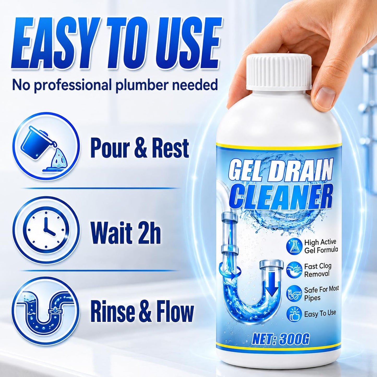 Gel Drain Cleaner Clog Remover: All-Purpose Cleaning Solution for Kitchen, Bathroom & Shower Drains | Prevents Build-Up | Safe for Household Pipes & Septic Systems（2Pcs）