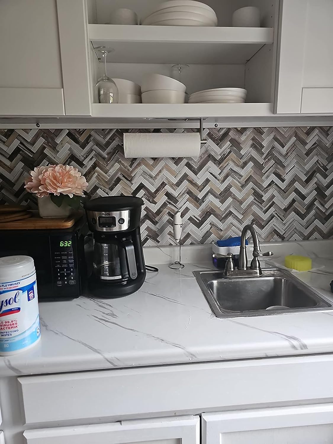 STICKGOO 10 Sheets Herringbone Peel and Stick Backsplash, Stick on Aluminum Composite PVC Kitchen Backsplash, Marble White Mixed Light Grey Look Self Adhesive Wall Tiles