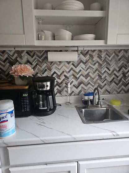 STICKGOO 10 Sheets Herringbone Peel and Stick Backsplash, Stick on Aluminum Composite PVC Kitchen Backsplash, Marble White Mixed Light Grey Look Self Adhesive Wall Tiles