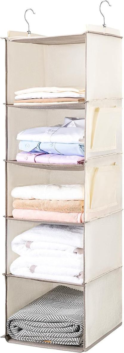 BOOMIBOO Hanging Closet Organize and Shelves，5-Hanging Shelf with 2 Side Pockets，Storage Foldable （Grey）