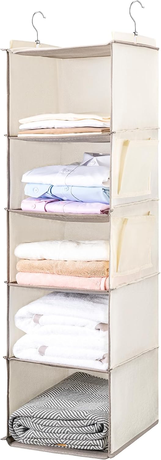 BOOMIBOO Hanging Closet Organize and Shelves，5-Hanging Shelf with 2 Side Pockets，Storage Foldable （Grey）