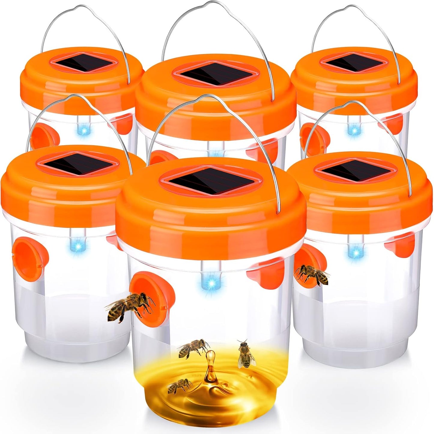 Wasp Trap Solar Powered Bee Trap Reusable Fly Traps Outdoor Hanging Wasp Killer with UV LED Light Flying Insects Bee Killer for Indoor Outside Patio Garden Home (6, Yellow)