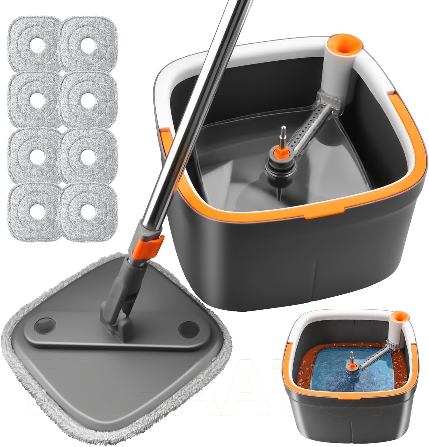 Spin Mop and Bucket Set with 2 Replaceable Microfiber Mop Pads with Self Separation Dirty and Clean Water System, Self Wringing 360° Rotating Square Mop Head for Hardwood Tile Marble Floors