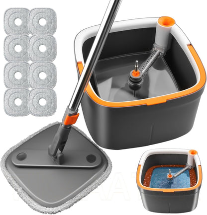 Spin Mop and Bucket Set with 2 Replaceable Microfiber Mop Pads with Self Separation Dirty and Clean Water System, Self Wringing 360° Rotating Square Mop Head for Hardwood Tile Marble Floors