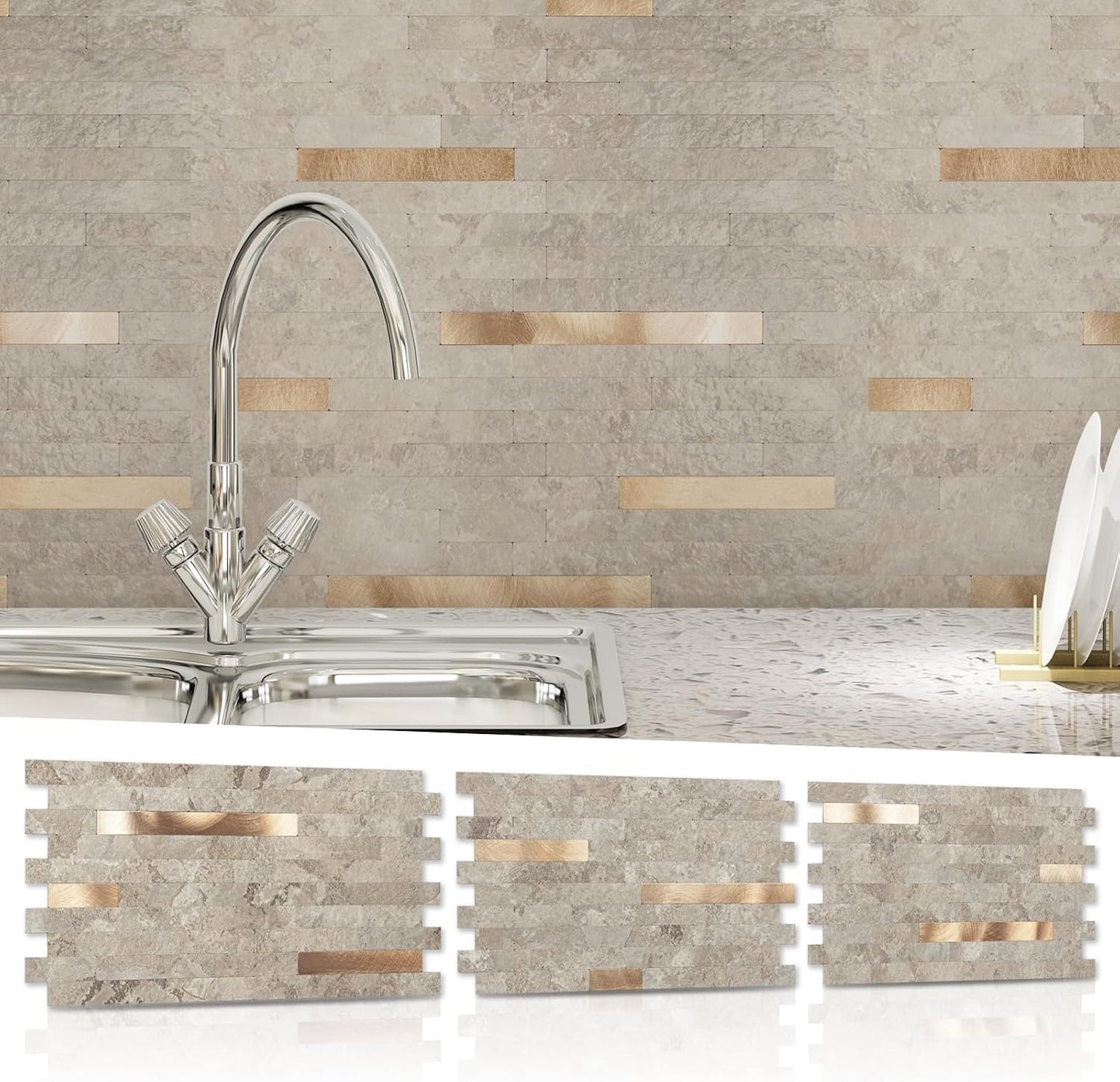 Art3d 10-Sheet Peel and Stick Backsplash Tile for Kitchen Bathroom Fireplace Laundry Room in White Slate with Gold Studded