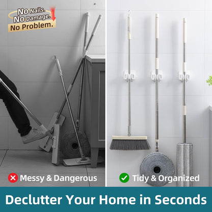 TAILI Mop and Broom Holder Wall Mount Grippers, 2 Hangers and 6 Adhesive Strips, Damage Free Hanging Wall Mount, Household Cleaning Organizer for Organization and Storage, Holds up to 4 lbs, White