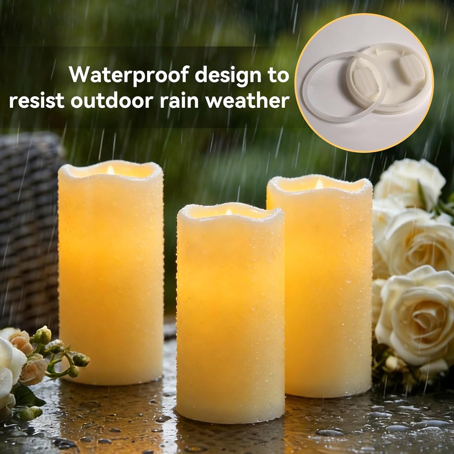 Raycare Outdoor Waterproof Flameless Candles, Battery Operated LED Electric Candles with Remote and Timers, Fake Pillar Candle for Patio, Porch, and Wedding Decor, Ivory, Set of 3(3"x4" 5" 6")