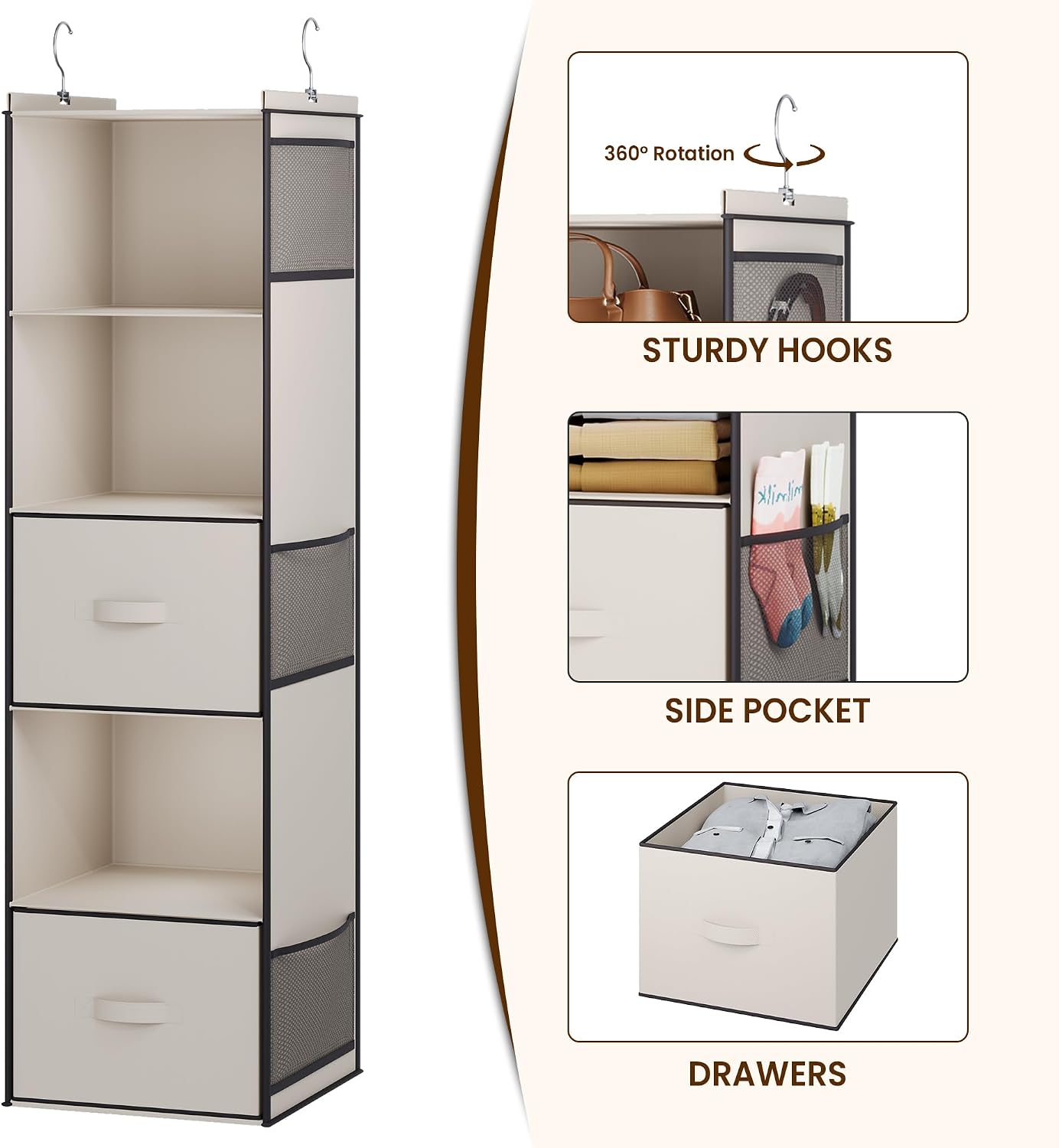 YOUDENOVA Hanging Closet Organizer, 5 Tier Hanging Closet Shelves with 6 Side Pockets and 2 Drawers, Black