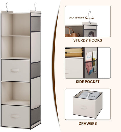 YOUDENOVA Hanging Closet Organizer, 5 Tier Hanging Closet Shelves with 6 Side Pockets and 2 Drawers, Black