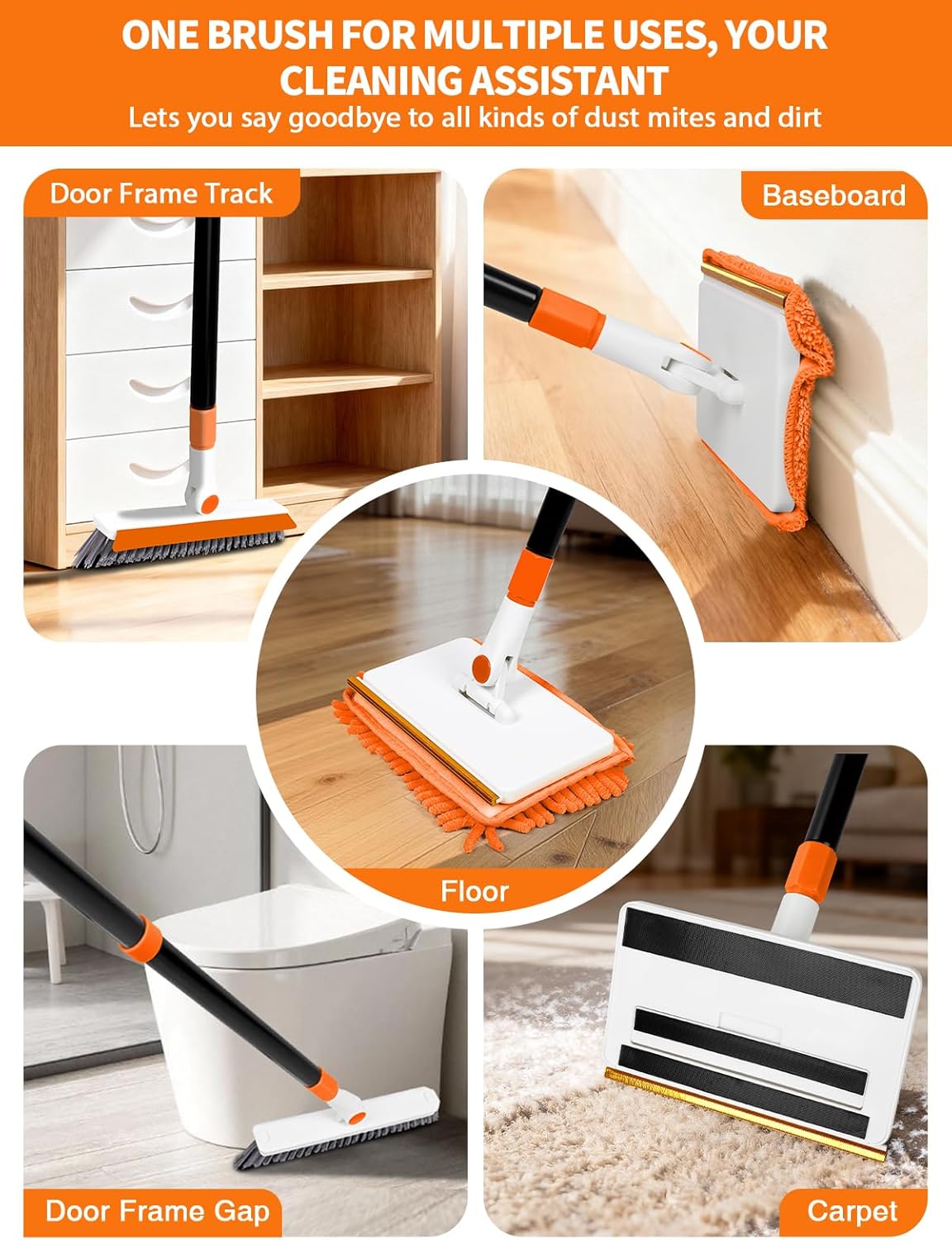 4-in-1 Baseboard Cleaning Tool with Extendable Handle 5 Reusable Pads 1 Carpet Rake Stiff Bristle Brush Multi-Surface Baseboard Brush for Cleaning Baseboard Wall Carpet Floor Bathroom Kitchen Pet Hair