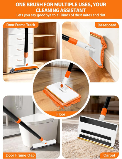 4-in-1 Baseboard Cleaning Tool with Extendable Handle 5 Reusable Pads 1 Carpet Rake Stiff Bristle Brush Multi-Surface Baseboard Brush for Cleaning Baseboard Wall Carpet Floor Bathroom Kitchen Pet Hair