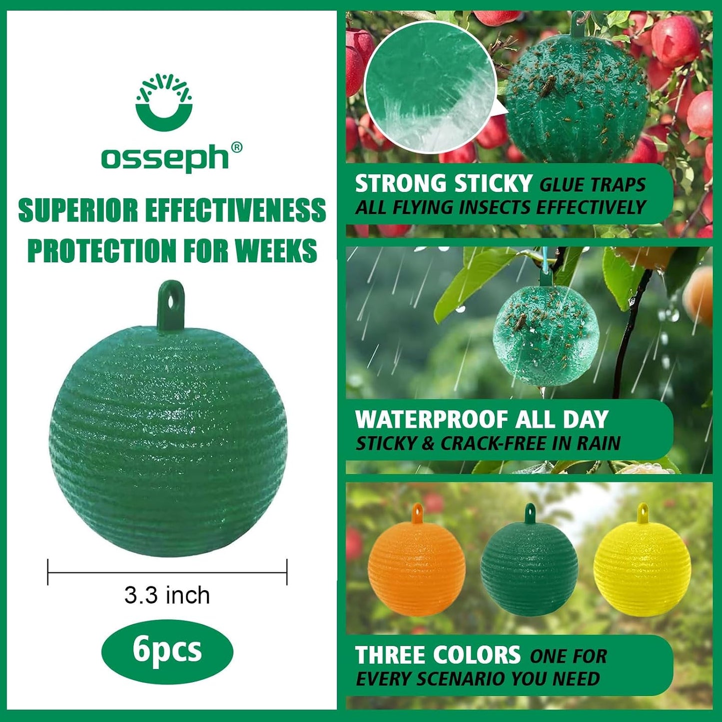 Sticky Insect Trap Ball Osseph Fruit Fly Trap Balls for Indoor Outdoor | Physical Sticky Hanging Bug Ball Catches Flie Gnat Mosquitoe Flying Insects 6pack (Green)